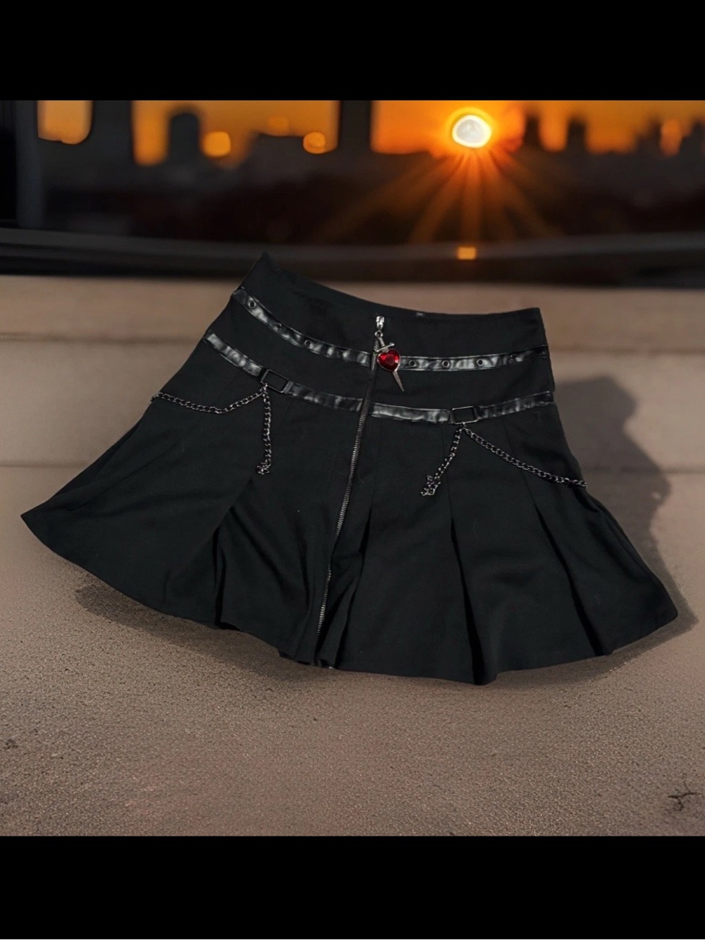 Body Rage Y2K Pleated Black chained Hart And Dagger Zipper Pull Mini Skirt SZ.S